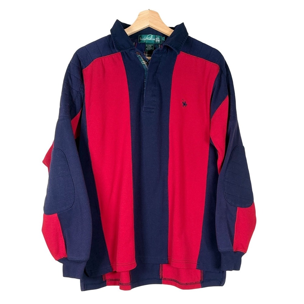 Knights of the Round Table Mens Rugby Shirt Large Navy Red Colorblock Plaid Trim